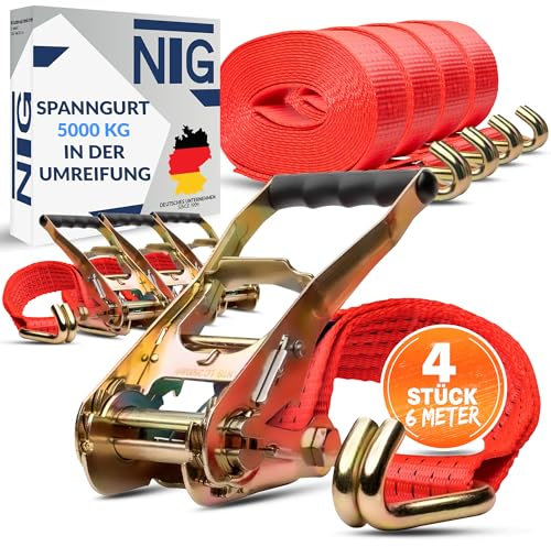 NTG 4 Stück Spanngurte in 6 Meter für 5t (2500/5000 daN, KG) | TÜV/GS geprüft | mit Ratsche und Haken | Zweiteilig | 50mm | Ratschengurte | Zurrgurte