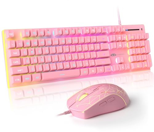 MageGee GT838 Gaming Keyboard and Mouse Combo, 104 Keys RGB Backlit Quiet Wired Keyboards for Laptop PC MAC, with Number Pad, Metal Panel, Anti-Ghosting, Pink