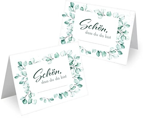 Tischkarten Hochzeit Geburtstag DIN A7 - Design Platzkarten zum Beschriften in vielen verschiedenen Designs (50x Stück, Eukalyptus Kranz)