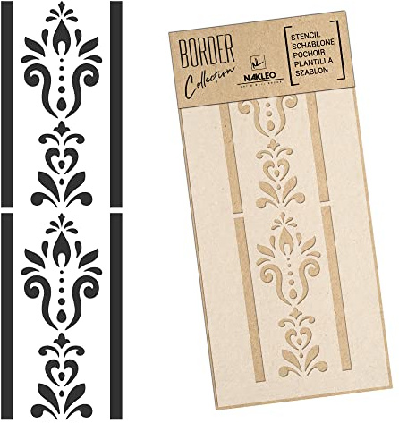 NAKLEO Bordüre Schablone zum Malen 21x45 cm, Damast Ornament Klassisch Muster, Kunstoff Wiederverwendbare Wandchablone, Handwerk DIY Dekoration, Stoff Möbel Holz Papier