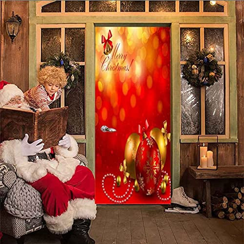 CBWRAW 3D Türtapete Fototapete Selbstklebend Türposter Abnehmbar PVC Fototapete Türfolie Rote Weihnachten Muster Türaufkleber Für Wohnzimmer Erwachsene Kind Schlafzimmer Küche 77x200cm