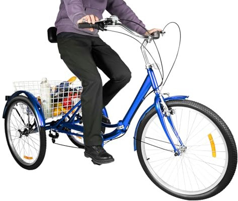 Bazargame Dreirad Erwachsene 24 Zoll Damenfahrrad Mit 3 Rädern Faltbares Fahrrad Dreirad 7-Gang Tricycle Lastenrad mit Einkaufskorb Und Rückenlehne (Blau)