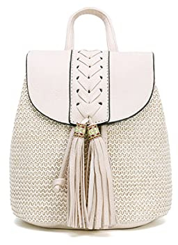 NICOLE & DORIS Damen Kleine Rucksack Stroh Rucksack Sommer Strandtasche Mode Rucksäcke Kordelzug Schultertasche Casual Daypack Reiserucksack Tagesrucksack mit Quasten Weißgrau