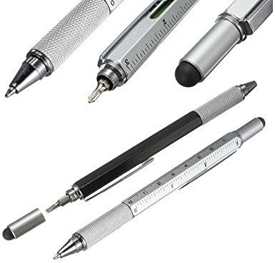 HUKITECH Lápiz multifunción de calidad prémium, destornillador multiherramienta 6 en 1, cinta métrica, nivel de burbuja, destornillador de estrella, punta de goma, color: plateado