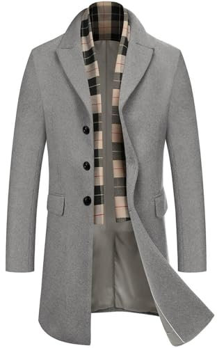 COOFANDY Herren Mantel Wintermantel Slim Fit Business Winterjacke Warmer Trenchcoat Jacken Kurzmantel Herrenmantel mit Abnehmbaren Karierten Schals Hellgrau XXL