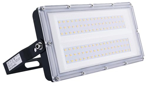 MKKM Neueste LED Strahler Flutlichter außen 100W Superhell 10000lm Flutlichtstrahler 3000K IP67 Wasserfest Außenstrahler für Sportplatz (Warmweiß, 100W)