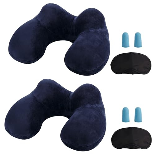MOCOCITO 2-Set Reisekissen Aufblasbares/Nackenkissen Ergonomisch Aufblasbare Hergestellt waschbarem Kissenbezug Nackenhörnchen ideal für Reisen mit dem Auto, Flugzeug, Zug, Büro(Blau)