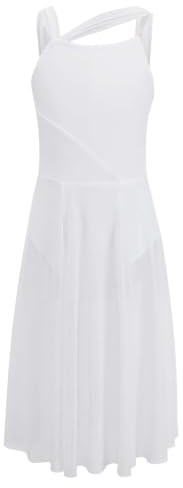 TTAO Enfant Fille Robe Ballet Danse Classique Asymétrique Justaucorps Gymnastique Robe de Patinage Artistique Léotard Ballet Latine Jazz Tango Dancewear 5-16 Ans Blanc C 9-10 Ans