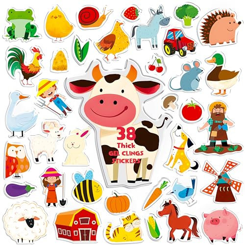 38PCS Farm Animal Jelly Stickers, Thick Window Door Clings Removable Reusable Gel Clings Decals for Kids Toddlers Adults Home Classroom Nursery Animal Party Supplies Decorations (Not Edible)