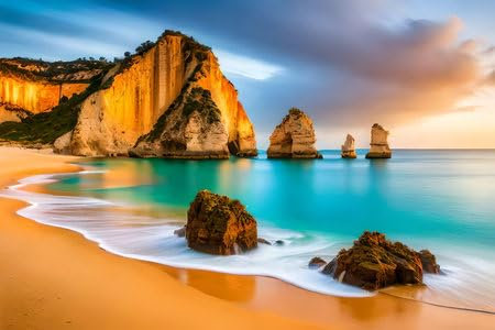 Holz-Bild 50 x 30 cm: Berühmter Strand Praia da Marinha bei Sonnenuntergang, Algarve, Portugal (205288175)