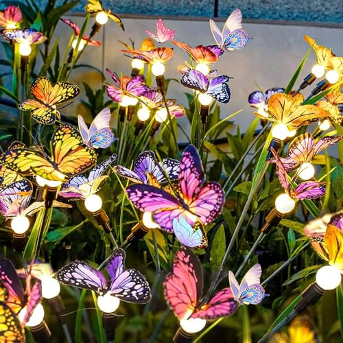 VEEKAY Lumière Solaire Jardin,2 Pièces 12LED Papillon Lampe Solaire Extérieure,IP65 Étanche,Lumières Solaires Lucioles,pour Jardin, Passage, Anniversaire, Décoration de Fête,Solar Firefly Light