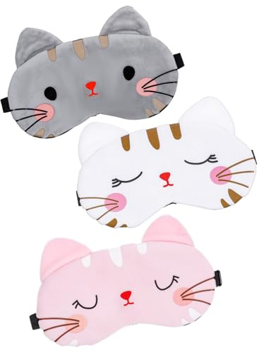 YUXIANLB 3 Teilige Süße Augenmaske Zum Schlafen Augenabdeckung Mit Cartoon Katzengesicht Lustige Katzentier Schlafmasken Weicher Leichter Plüsch Augenschirm Katzenaugenmaske Augenbinden Für Frau