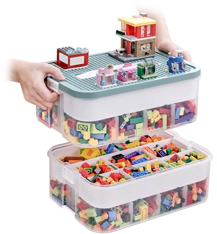 OSTWOLKE Aufbewahrungsboxen mit Deckel für Lego, 2 Ebenen Sortierboxen | plastik stapelbar Box mit Griff & Abnehmbarem Tablett & Verstellbaren Fächer, für Kleinteile, Handwerk, Accessoire