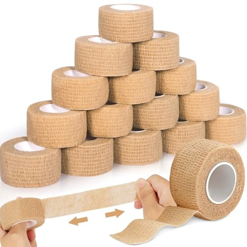 SaiXuan 16 PCS Rouleaux de Bande Auto Adhesive, Haute Élasticité, Respirant et Doux, pour Blessures Sportives, Premiers Secours, Soins pour Animaux, Maintien Antidérapant, 2.5cm x 4.5m (Peau)
