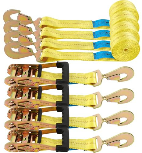 DAJAVE Lot de 4 sangles d'arrimage de 50 mm x 3 m pour transport de voiture, 3 m, 5000 daN, sangles d'arrimage avec cliquet et crochet pour sécurité de roue de voiture