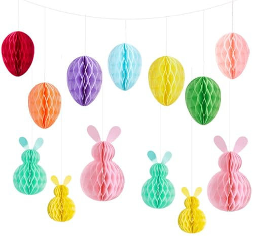 13 Stück Osterdekorationen Ostereier Wabenkugeln 3D Hasen Wabenbälle Anhänger Hängende Papier Ornamente Kaninchen Ostern Hänge Dekorationen Eiersuche für Heimbaumfenster Wandtür Favor