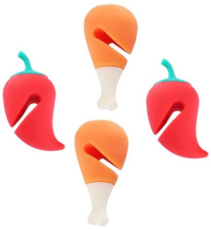 Cabilock Silicone Pot Lid Lifter and Decorative Overflow Preventing Stopper, Heat-Resistant Kitchen Gadget with Cartoon Chili Pepper and Drumstick Design, Small Size, 4pcs Set for Pan and Pot Use