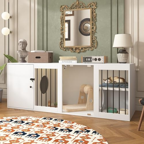 Katzenschrank | Katzentoilette | Katzenhaus mit 2 Türen | Katzenmöbel mit Glastüren und Schloss | Bank | Katzentoilette Schrank mit 7 farbigen Lichtern