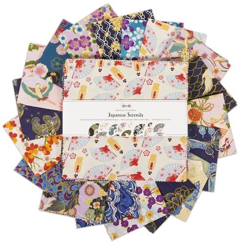 Soimoi 40 Pezzi 10 x 10 pollici Fasci di Tessuto Quilting Pretagliati, Quadrati di Tessuto di Cotone Fai-da-Te, Torte a Strati Stampati Materiali Patchwork per Panni Artigianali - Serenità Giapponese