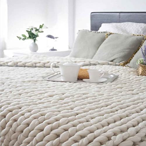 Grobstrick-Wolldecke für Sofa, Bett, handgestrickt, großer Überwurf für Heimdekoration, weiches Haustierbett, Stuhlmatte, Teppich, Beige, 80 x 100 cm