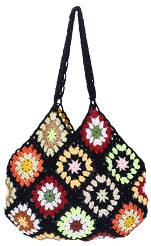 FREEBLOSS Gehäkelte Strandtaschen Für Frauen Boho Stricktasche Weiche Gewebte Geldbörsen Oma Quadrat Schultertasche Für Den Sommerurlaub Gestrickte Strandtasche Für Frauen