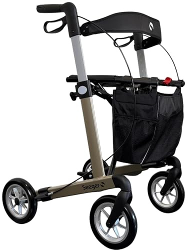 Rehasense Leichtgewicht-Rollator Server (Seeger Logo), leicht & faltbar I Alu-Rollator belastbar bis 150 kg mit abnehmbarer Einkaufstasche, Inkl. Rückengurt, Tasche und Stockhalter (M)