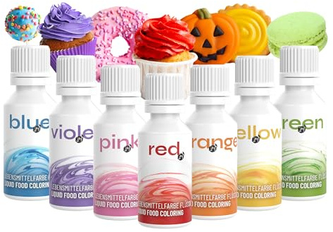 Lime & Joy 7er Set Lebensmittelfarbe flüssig (30 ml) – Lebensmittelfarben für Backen, Fondant, Schokolade, Getränke, Torten & Ostereier Farbe – Essbare Lebensmittel Farben, Vegan & intensiv