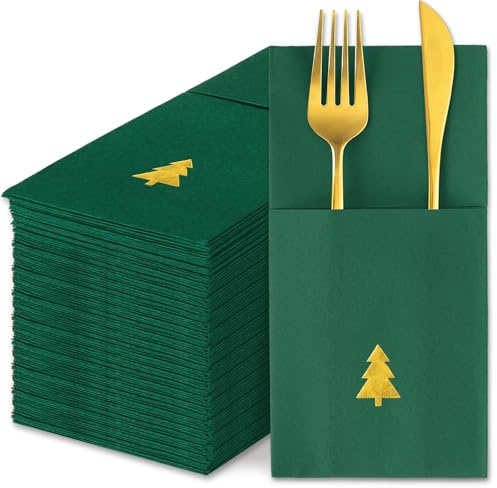 JarThenaAMCS 50 Pcs Christmas Linen Feel Napkin Xmas Tree Gold Foil Disposable Airlaid Paper Napkin Green Prefolded Dinner Napkins with Built-in Flatware Pocket for Winter Holiday Party Supplies