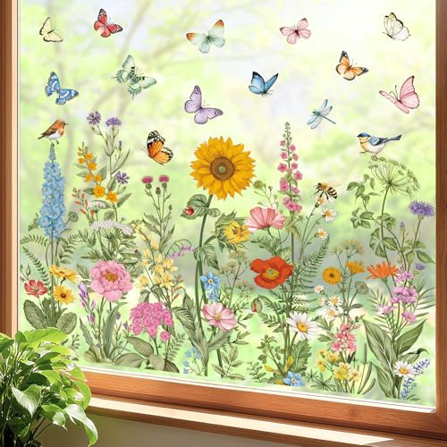 decalmile Fensterbilder Vintage Blumen Wildblumen Gras Fensteraufkleber | Statische Anti-Kollision Fensterdeko, Beidseitiger Druck, auf Beiden Seiten klar Sichtbar, Wasserdicht, Abnehmbar