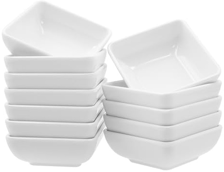 INNAL 12 Piezas Mini Cuencos Cuadrados para Salsas 7,3x7,3x2,7 cm Apilables Cuencos Aperitivos para Inmersión Salsa Barbacoa Especias Frutas Sushii Guarniciones (Blanco)