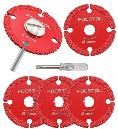 FOCSTOL Mini Disco Diamantato per Metallo - 5 pezzi Lama Diamantata per Taglio 30mm e 1 pezzo Gambo Rotondo 3mm per Tagliare Tubi di Ferro Sottili, Lamiere Sottili, Bulloni e Viti