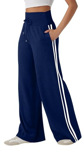 Side Stripes Joggers for Women UK Trousers High Waisted Wide Leg Lounge Pants, Stretchy Drawstring Knit Bottoms with Side Stripes, Joggers for Ladies Elasticated Waist Trousers with Pockets Navy