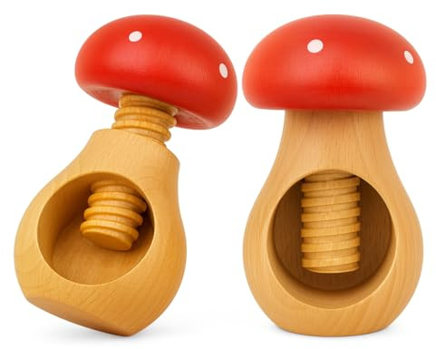 NEUSTANLO Nussknacker Set 2-teilig | Fliegenpilz Design in Rot | massives Buchenholz handgefertigt | Schraubgewinde mit dickem Gewinde | klassischer Charme | ideal für Walnüsse & Haselnüsse