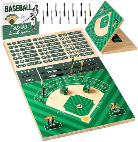 Wooden Baseball Board Game,Baseball Dice Game for Travel, Family Game Night,Holiday Gatherings,Includes 12 Metal Chess Pieces and 2 Dice (Green)