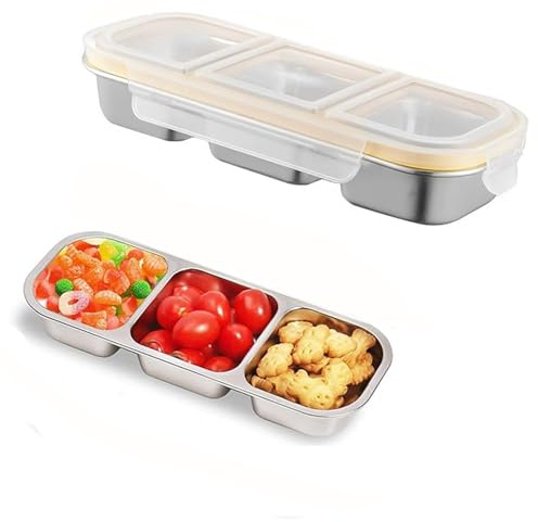 Sitbfoam Caja de Aperitivos con 3 Compartimentos de Acero Inoxidable, Plato de Aperitivos de Acero Inoxidable, Tupper Infantil para Escuela, Trabajo, Recipiente para Snacks Ligero y a Prueba de Fugas