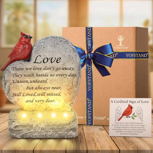 VOFSTAND Solar Cardinal Memorial Stones Gifts - Heart Shaped Red Cardinal Figurine with LED Lights - Sympathy Gifts for Loss of Loved One, Bereavement Remembrance Stone for Garden, Balcony, Yard, Lawn