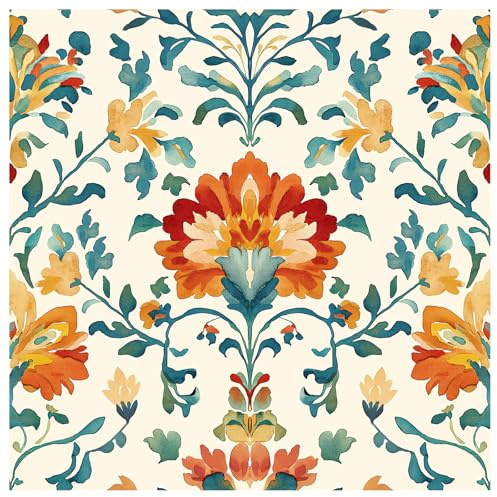 VaryFloral Retro Floral Wallpaper Peel and Stick Vintage Mid Century Floral Wallpaper Green Orange Red Abstract Flower Wall Paper Watercolor Botanical Contact Paper for Cabinets Bedroom 17.7x157