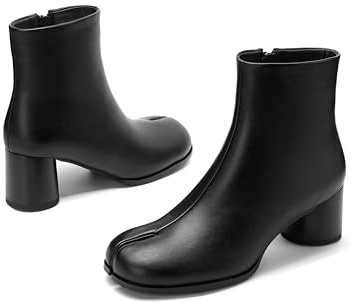 Vezzoso Split Toe Black Ankle Boots Chunky Low Heeled Tabi Shoes Women Short Booties Faux Leather Comfortable Bootie with Side Zipper