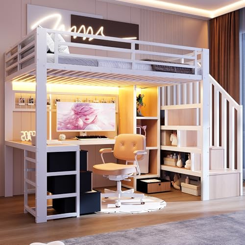 Hochbett, 90 x 200 cm, Eisenrahmen, Ablagefach, 4 Schubladen, Gitter zum Aufhängen von Gegenständen, mit LED-Lichtleiste, Schreibtisch, Treppenkonstruktionen mit Stauraum, Ohne Matratze, Weiß