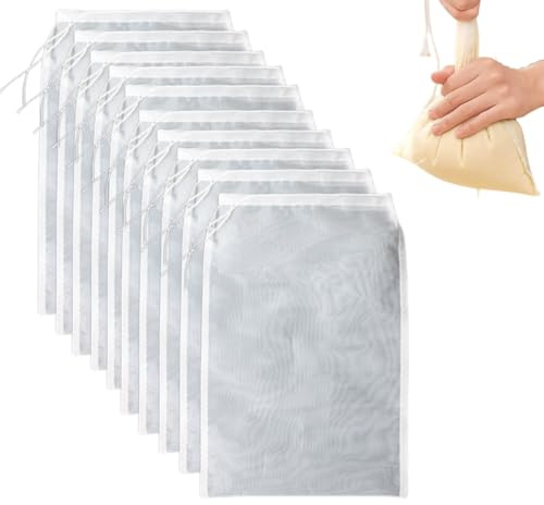 10 PCS Nylon Drawstring Filter Bags, 20x30cm Fine Mesh Strainer Bag, Washable Reusable Cheesecloth for Nut Milk, Cold Brew, Yogurt, Juice, Food Straining - Kitchen Straining Bags Set