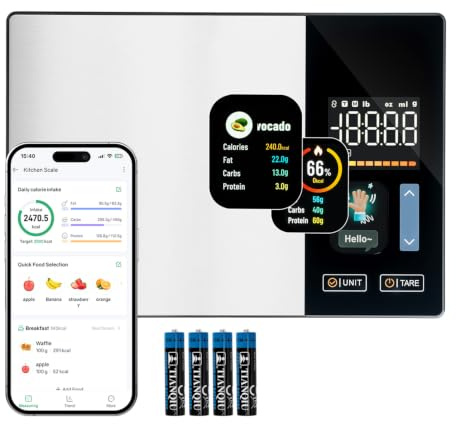 Wigearss Balance de Cuisine Numérique, 5 kg / 1 g, Écran TFT, Fonction Tare, Calcul des Calories, Protéines, Lipides et Glucides, Application Mobile iOS et Android, Bluetooth, Balance Alimentaire Inte