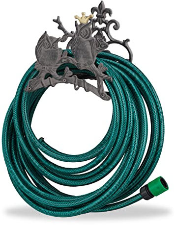 Relaxdays Enrollador para mangueras, Decorado con búhos, Soporte para la Pared, Hierro Fundido, Gris, 23 x 24 x 15 cm