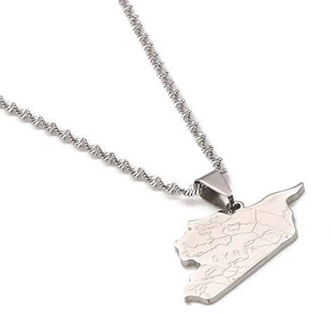 Stainless Steel Syria Map Flag Pendant Necklaces Syrians Jewelry (Silver)