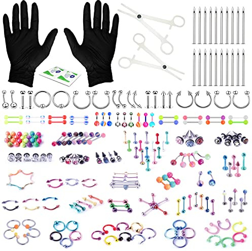 BodyJ4You 156PC Body Piercing Kit - Belly Ring Nose Septum Tragus Ear Cartilage Industrial - Horseshoe Ring Hoop Barbell Stud Spike - 14G 16G Silvertone - Random Mix Jewelry