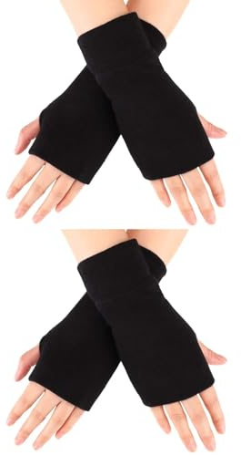 Blulu 2 Pairs Winter Fingerless Gloves for Women Wrist Arm Warmers Stretchy Cotton Knitted Thumbhole Gloves(Black)