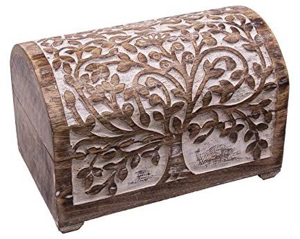 Kunstversteck Schatzkiste Baum des Lebens, massive Holz-Schatulle Dekobox 24x 15 x 15 cm, white wash
