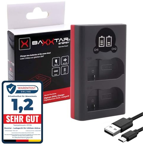 Baxxtar Dual Ladegerät für Nikon EN-EL15 / EN-EL15a / EN-EL15b / EN-EL15c Akkus – mit LCD-Anzeige, USB-C & Micro-USB Eingang – kompatibel mit Nikon Z5, Z6, Z7, Z8 D850, D750 u.v.m.