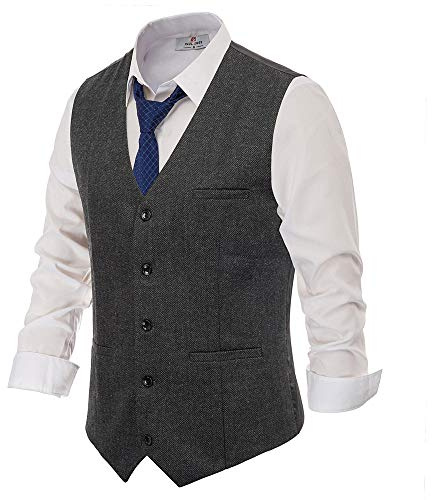 PJ PAUL JONES Mens Herringbone Wool Tweed Vest Western V Neck Slim Fit Suit Vest Dark Gray L
