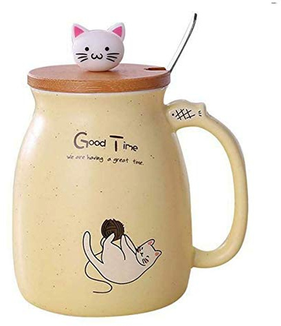 Sharemee - Tazza in ceramica con gatto carino con cucchiaio e coperchio tridimensionale in legno, tazza da caffè, tazza da tè, tazza da latte, colore: giallo 450 ml