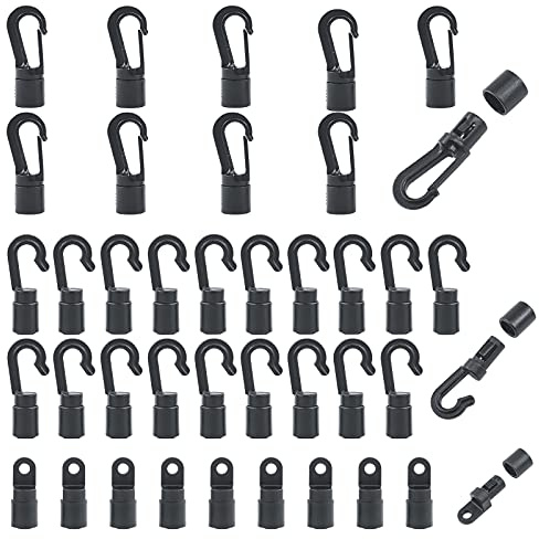 Mardatt Set di 40 ganci elastici per corde elastiche, 3 tipi di ganci elastici in plastica nera, ganci aperti a S, estremità terminali flessibili e dritte per kayak Bungee da 6 mm